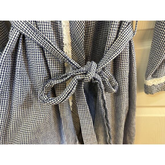 EILEEN WEST BLUE WHITE Gingham CHECK Lightweight SHORT Womens M WRAP ROBE - Picture 6 of 15